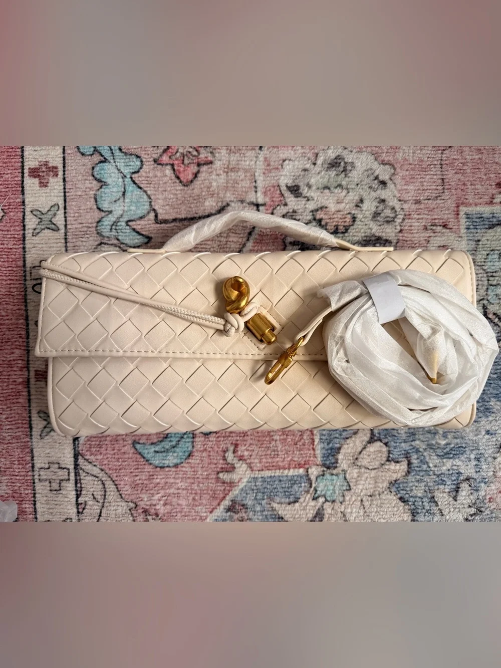 NWT Woven Vegan Leather Top-Handle Clutch in Light Cream